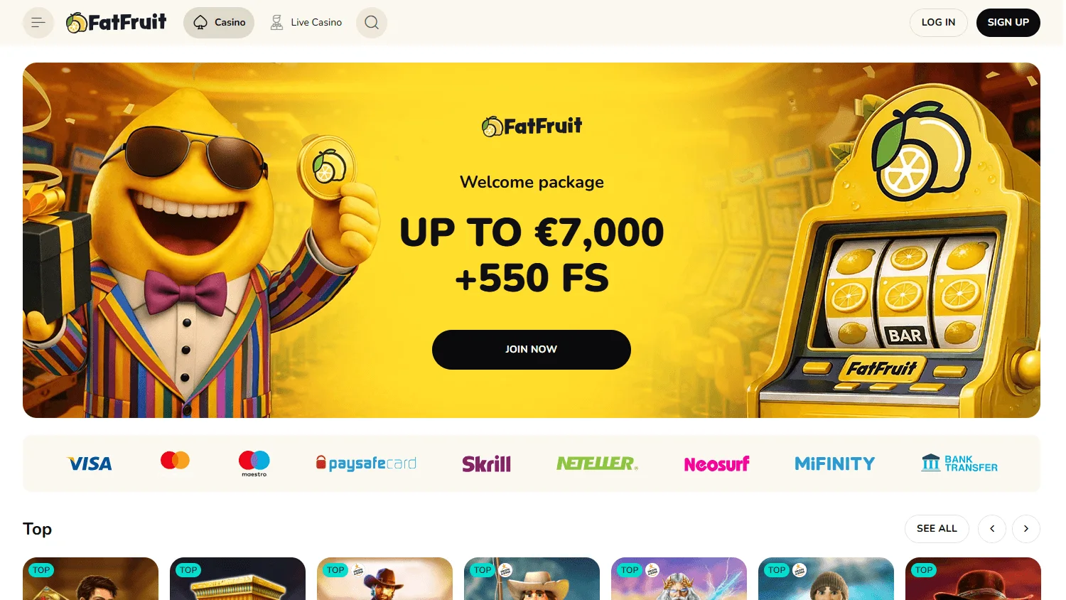 Fatfruit Casino home interface on desktop