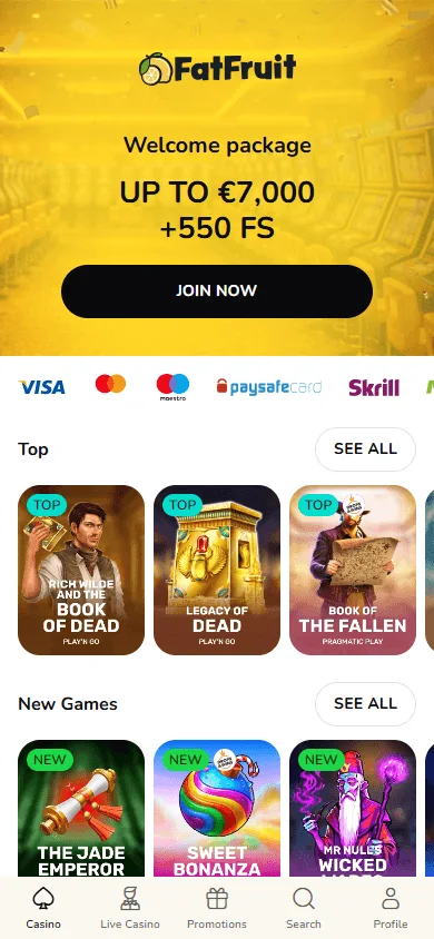 Fatfruit Casino home interface on mobile