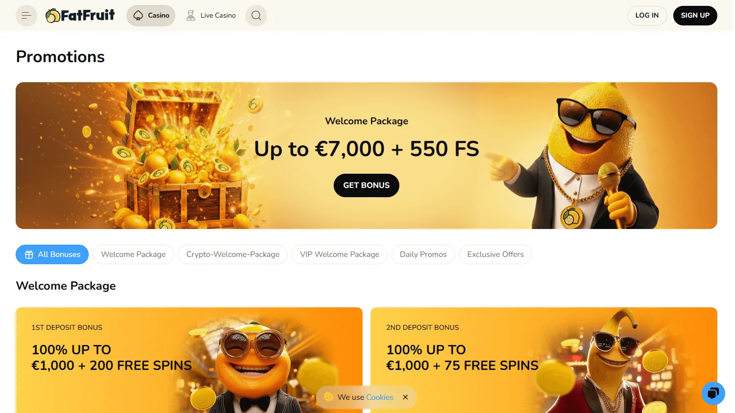 Fatfruit Casino promotions area on desktop